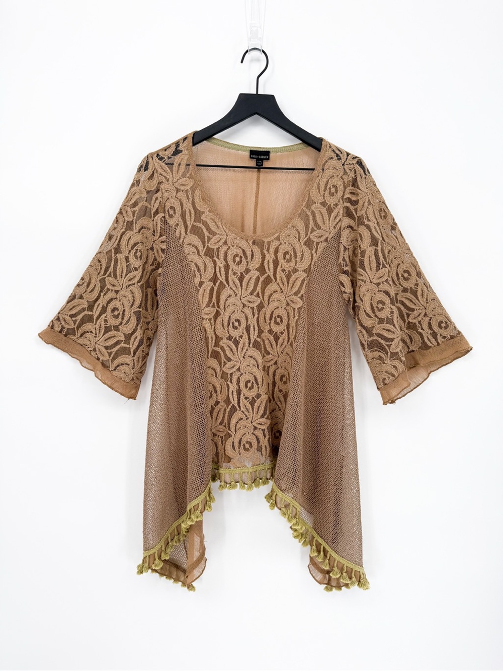 Coco + Carmen Tan Floral Lace Fishnet Tunic Top Asymmetrical Tassel Hem L/XL